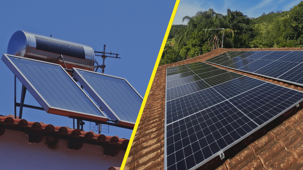 Painel fotovoltaico ao lado de um coletor solar térmico em um telhado, mostrando as duas tecnologias