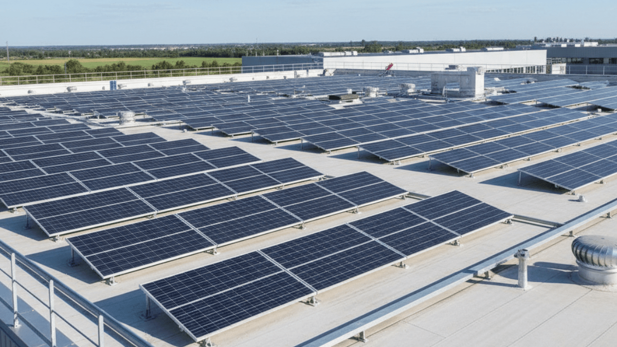 Painéis solares em telhado de uma empresa de médio porte, indicando uma tendência para reduzir a conta de luz
