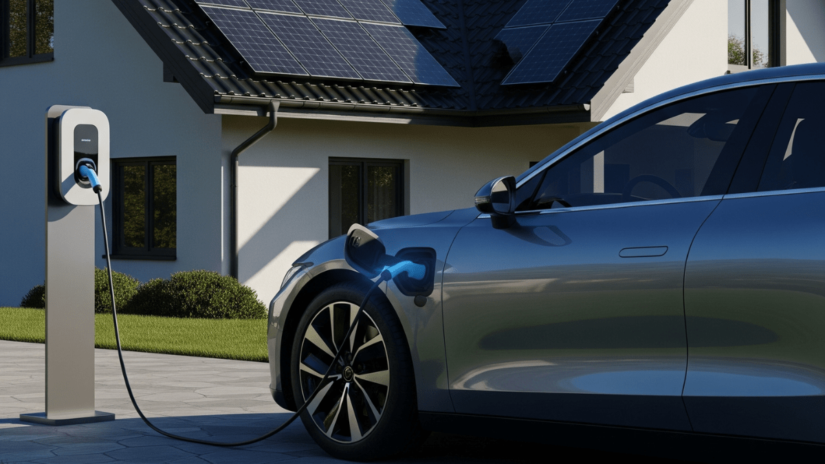 Carro elétrico sendo carregado em casa por um carregador com painéis solares no telhado ao fundo
