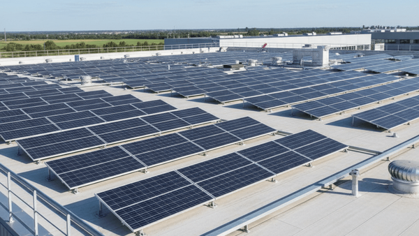 Painéis solares em telhado de uma empresa de médio porte, indicando uma tendência para reduzir a conta de luz